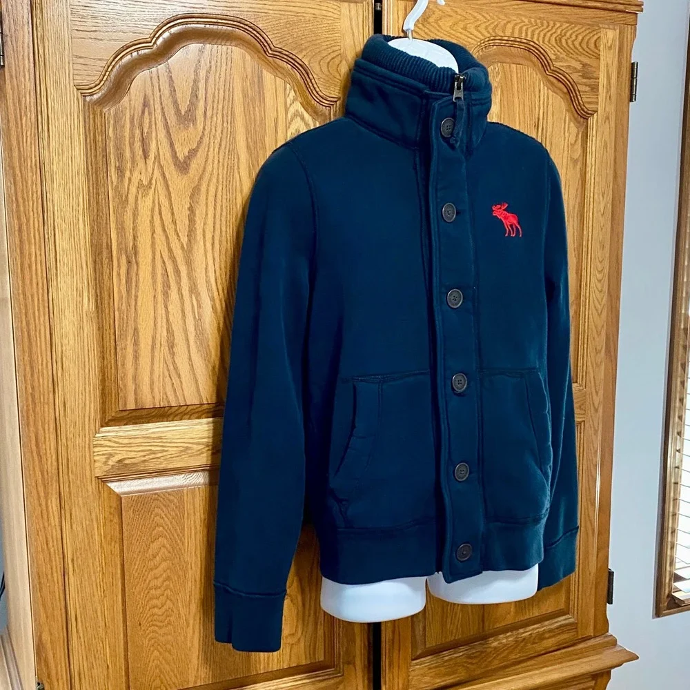 VTG Abercrombie & Fitch Jacket Mens M Navy Blue Red Fleece Lined Mock Neck Moose